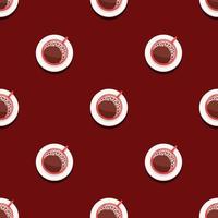 Seamless Pattern Espresso coffee with foam in a red cup and saucer. Top view, vector cartoon illustration in a flat style.