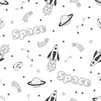 Cosmos doodle is a set of vector illustrations. Seamless pattern icons of space elements rocket cosmonaut stars satellite telescope comet