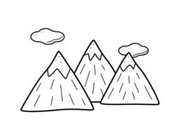 icono de una montaña con nubes, vector de dibujos animados de garabatos. la ilustración está aislada en blanco.