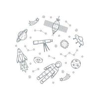 Cosmos doodle is a set of vector illustrations in the circle. Icons of space elements rocket cosmonaut stars satellite telescope comet