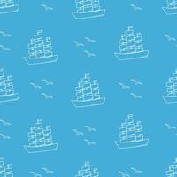 Seamless pattern of a ship with three masts. Vector doodle background historical naval frigate with sails and seagulls.