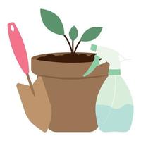 Flower pot, planting scoop and pulverizer. Flat vector illustration