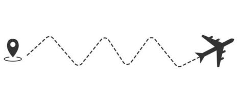 Airplane line path of air plane flight route with start point and dash line trace. Vector illustration