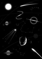 Set of space objects, planets, stars, constellations, satellite. Vector illustration.