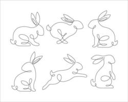 Bunny line art style icon set. Rabbit line art icon collection. Set of Abstract outline rabbit. Continous line drawing Rabbit minimalism style icon set. Easter bunny linear icon pack. vector
