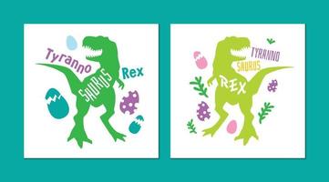 T-Rex image set. Dinosaur silhouette isolated on white background. Tyronosaurus rex. A beautiful combination of green and purple. Print for children's clothing vector