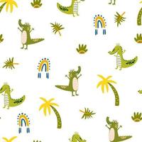 Crocodiles and palm trees seamless pattern. Tropical jungle background for kids. Perfect for printing baby clothes, textiles fabrics. Vector cartoon illustration.