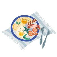 Plate with scrambled eggs, bacon and vegetables. Healthy breakfast. Perfect for restaurant menus, cafes and apps. For printing, posters and postcards. Vector cartoon Illustration.