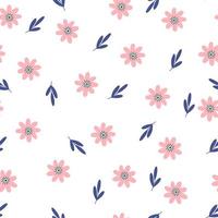 de moda floral sin costura modelo. mano dibujado dibujos animados grabado en linóleo de linda flores en un de colores antecedentes. ideal para textiles, tela, fondo de pantalla. sencillo blanco pequeño margaritas con hojas en vector. vector