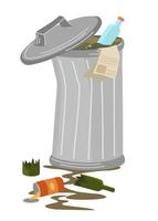 Unsorted garbage in trash containers. Waste bin. Environmental disaster, garbage sorting. Cartoon trashcan neat vector illustration of waste garbage