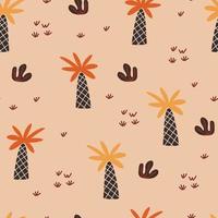 Palm trees vector cartoon seamless pattern. Tropical background with hand drawn arecaceae plants. Beach coconut tree wallpaper, african forest textile, wrapping paper print design.