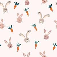 Cute rabbits and carrots seamless pattern. Spring background. Cartoon cute animals in hand-drawn doodle style. Perfect for wallpaper, scrapbooking and print. Vector cartoon illustration.