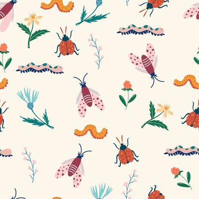 Insects and flowers seamless pattern. Botanical background. bugs, butterfly, flowers, leaves. Hand drawn Floral texture for fabric, textile, digital papers. Vector cartoon illustration