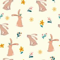 Cute rabbits and flowers seamless pattern. Cartoon cute animals in hand-drawn doodle style. Perfect for wallpaper, scrapbooking and print. Vector cartoon illustration.