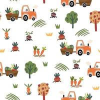 Tractor with harvest seamless pattern. Farm background. Cartoon childish tractor, machine, hay for wrapping paper, fabric, textile, wallpaper, home decor. Flat vector illustration