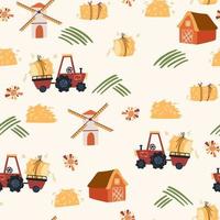 Tractor with hay seamless pattern. Background with cute tractor, farm house, tree and haystack. Creative kids texture for fabric, wrapping, textile, wallpaper, apparel. Vector cartoon illustration