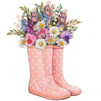 watercolor rubber boots with floral bouquet png