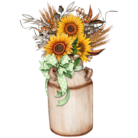 Watercolor vintage milk bucket with sunflowers png