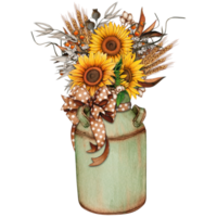 Watercolor vintage milk bucket with sunflowers png