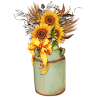 Aquarell Jahrgang Milch Eimer mit Sonnenblumen png