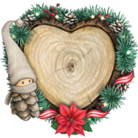 aquarelle main tiré en bois cœur tranche avec elfes, pommes de pin et pin branches png