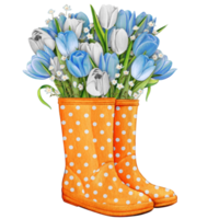 watercolor rubber boots with floral bouquet png