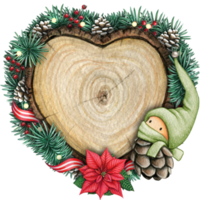 watercolor hand drawn wooden heart slice with elves, pinecones and pine branches png