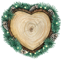 vattenfärg hand dragen trä- hjärta skiva med tomtar, kottar och tall grenar png