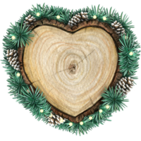 watercolor hand drawn wooden heart slice with elves, pinecones and pine branches png