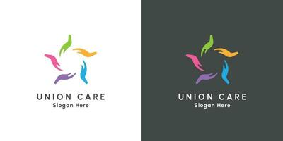 Union community social care logo design illustration. Creative idea rotating colored hand icon with a giving gesture. Simple flat pattern design style vector
