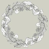 Circle spring and summer doodle ornament. Hand drawn mandala art with flowers and leaves black and white outline. vector