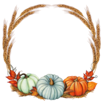 watercolor fall wreath with ears of wheat, pumpkins and autumn leaves png