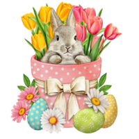 Watercolor pot with cute bunny easter eggs and tulips png