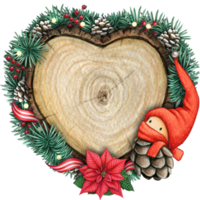 watercolor hand drawn wooden heart slice with elves, pinecones and pine branches png