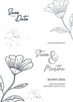 Floral wedding invitation template with organic hand drawn leaves and flowers decoration vector