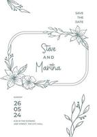 floral Boda invitación modelo con orgánico mano dibujado hojas y flores decoración vector