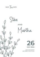 Simple Floral wedding invitation template with organic hand drawn leaves and flowers decoration vector