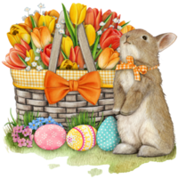 acuarela mano dibujado floral cesta con conejito y Pascua de Resurrección huevos