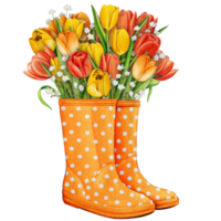 Aquarell Gummi Stiefel mit Blumen- Strauß png