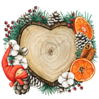 watercolor hand drawn wooden heart slice with elves, pinecones and pine branches png