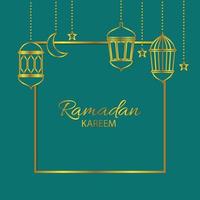 un hermosa saludo tarjeta con islámico linternas, estrellas y un creciente Luna. el santo mes para musulmanes Ramadán kareem vector ilustración