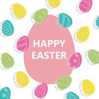 Square greeting card Happy Easter with decorated eggs on white background. Festive banner template with trendy outlined geometric pattern with grey line on Easter Eggs. Flat Vector illustration