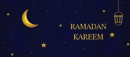 Ramadán kareem horizontal rebaja encabezamiento o vale modelo con oro luna, 3d papel cortar nubes y estrellas en noche cielo oscuro azul antecedentes. vector ilustración