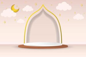 3d modern Islamic holiday banner for Ramadan. Podium with crescent moon, stars and clouds. Vector illustration.