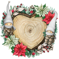 watercolor hand drawn wooden heart slice with elves, pinecones and pine branches png