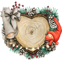 watercolor hand drawn wooden heart slice with elves, pinecones and pine branches png