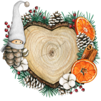 waterverf hand- getrokken houten hart plak met elfjes, dennenappels en pijnboom takken png
