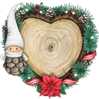 aguarela mão desenhado de madeira coração fatia com elfos, pinhas e pinho galhos png
