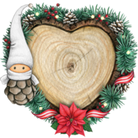 watercolor hand drawn wooden heart slice with elves, pinecones and pine branches png