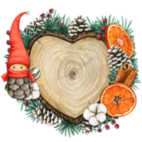 aguarela mão desenhado de madeira coração fatia com elfos, pinhas e pinho galhos png